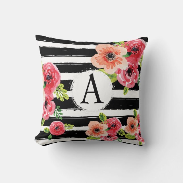 Floral Watercolor Monogramed Black White Stripes Throw Pillow (Front)