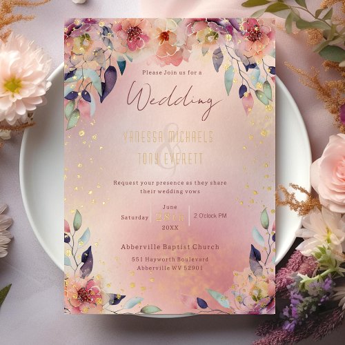 Floral Watercolor Moody Botanical Garden Wedding Foil Invitation
