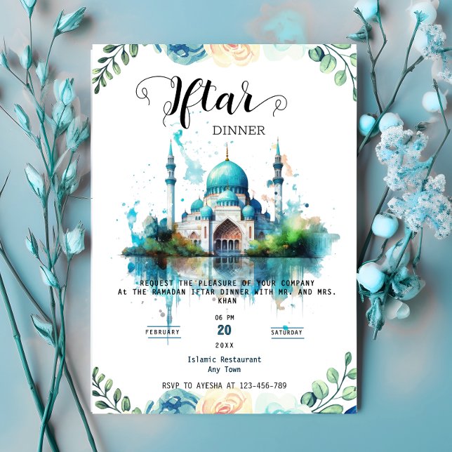 Floral Watercolor Mosque ramadan Iftar Invitation (Creator Uploaded)