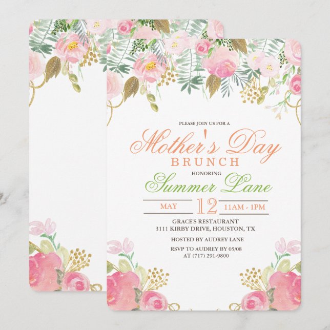Floral Watercolor Mother's Day Brunch Invitation (Front/Back)
