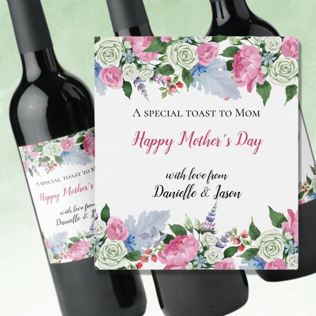 Floral Watercolor Mother's Day Wine Label (Creator Uploaded)