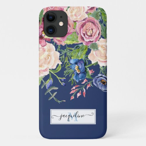 Floral Watercolor Navy Blue Burgundy Elegant Peony iPhone 11 Case