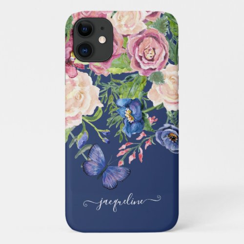Floral Watercolor Navy Blue Butterfly Script Name iPhone 11 Case