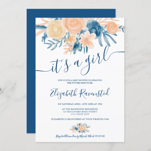 Floral watercolor navy blue peach baby shower invitation