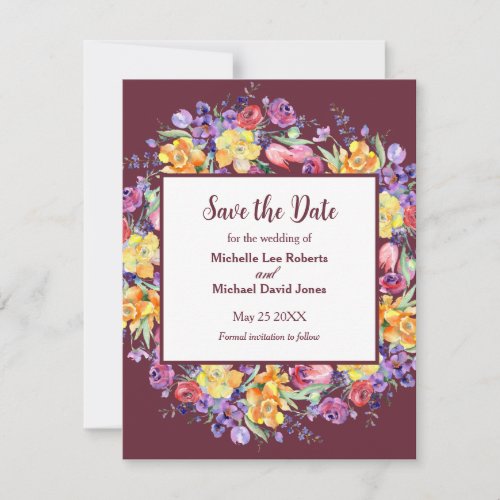 Floral Watercolor on Burgundy Save the Date Announcement