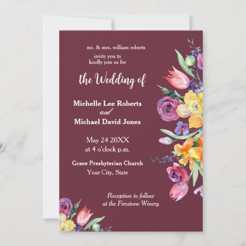 Floral Watercolor on Burgundy Wedding Invitation