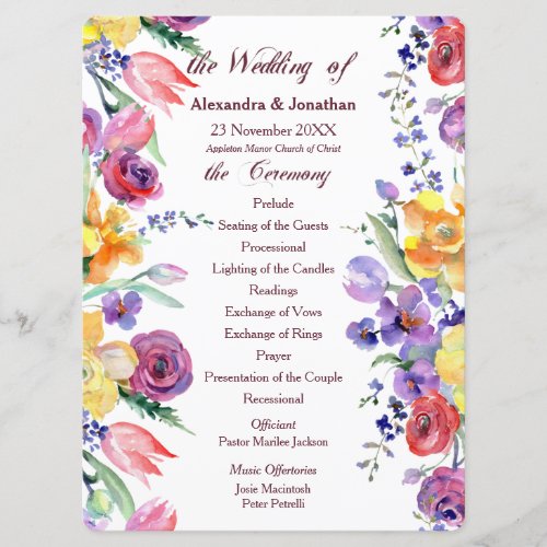 Floral Watercolor on White Flat Wedding Program