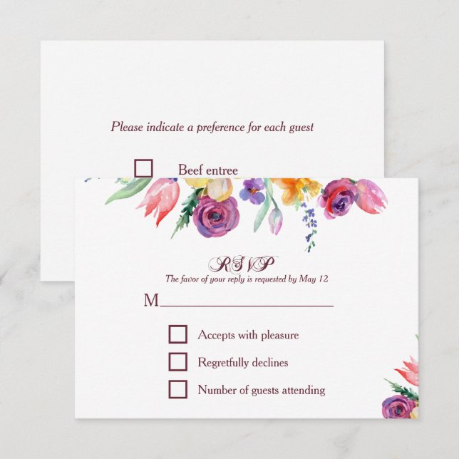 Floral Watercolor on White RSVP and Menu (Front/Back)
