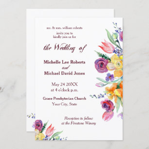 Floral Watercolor on White Wedding Invitation