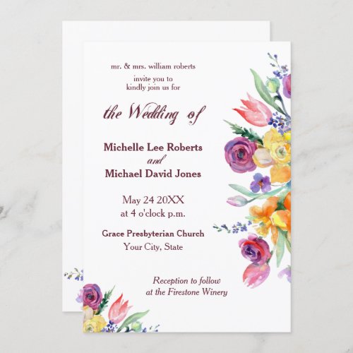 Floral Watercolor on White Wedding Invitation