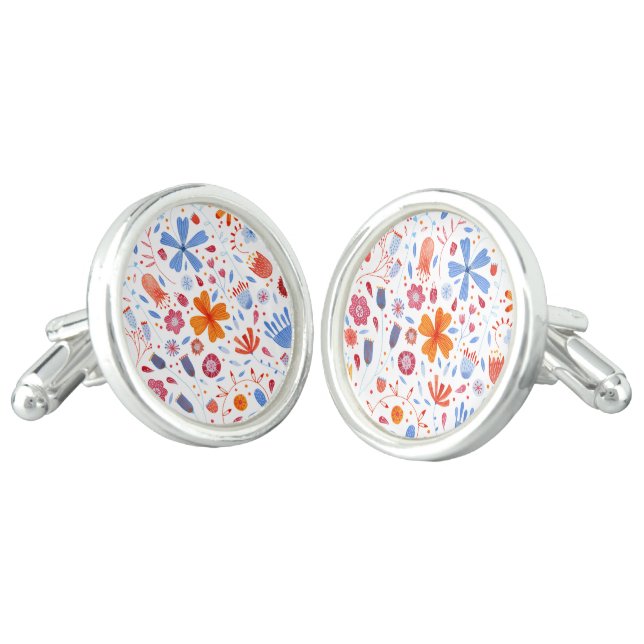 Floral Watercolor Orange Blue Cufflinks (Angled)
