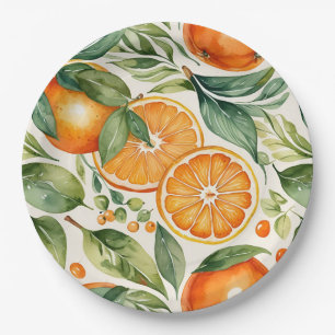 Floral Watercolor Orange Citrus Botanical Pattern Paper Plates