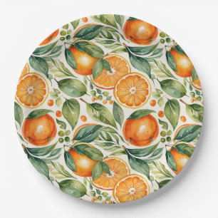Floral Watercolor Orange Citrus Botanical Pattern Paper Plates