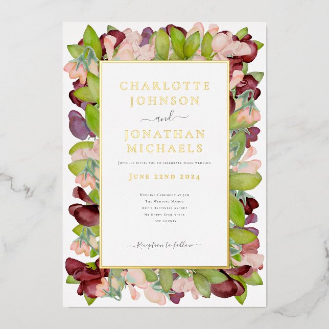 Floral Watercolor Orange Gold Wedding Foil Invitation (Front)