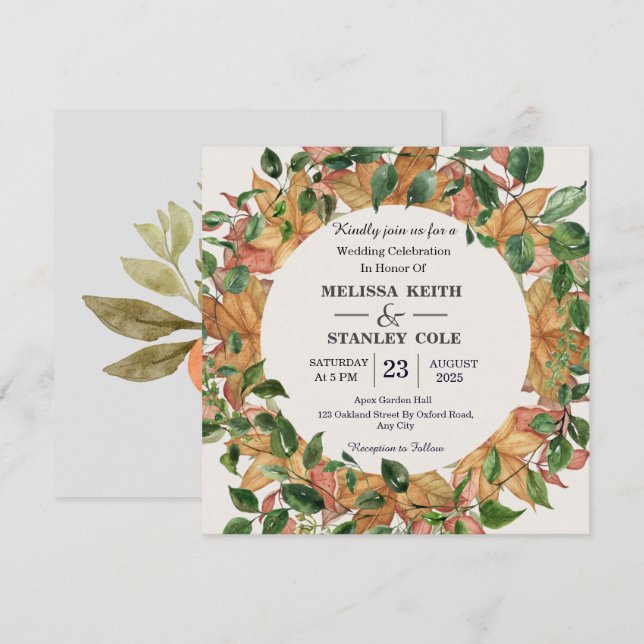 Floral Watercolor Orange Greenery Wedding Invitation (Front/Back)