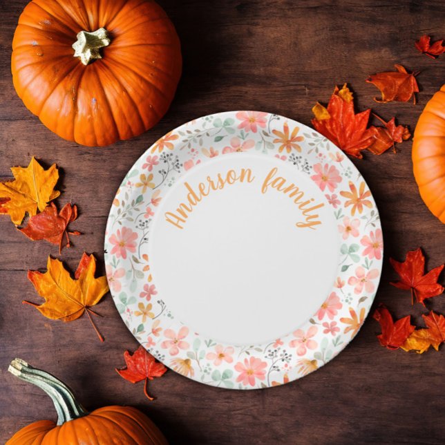 Floral watercolor orange name thanksgiving paper plates (Creator Uploaded)