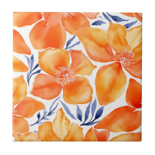 Floral watercolor orange pattern ceramic tile (Front)