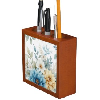 Floral Watercolor Pastel Blue Desk Organizer