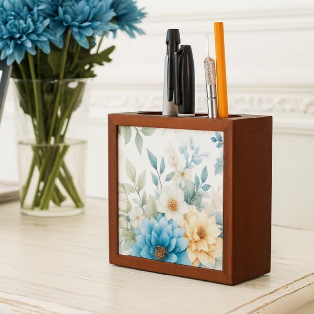 Floral Watercolor Pastel Blue Desk Organizer (Creator Uploaded)