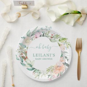 Floral Watercolor Pastel Wreath Oh Baby Paper Plates