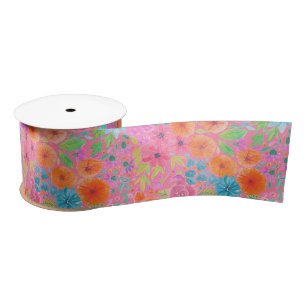 Floral watercolor pattern in pink satin ribbon