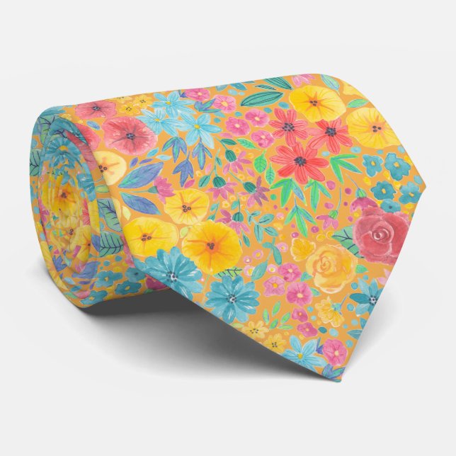 Floral watercolor pattern in yellow neck tie (Rolled)