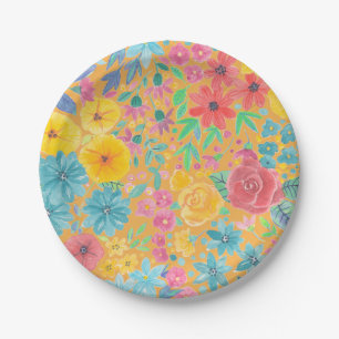 Floral watercolor pattern in yellow paper plates