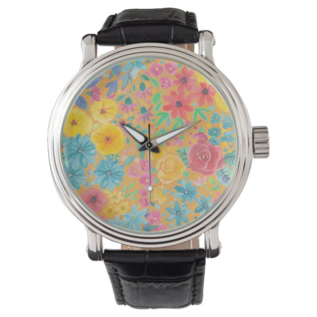 Floral watercolor pattern in yellow watch (Front)