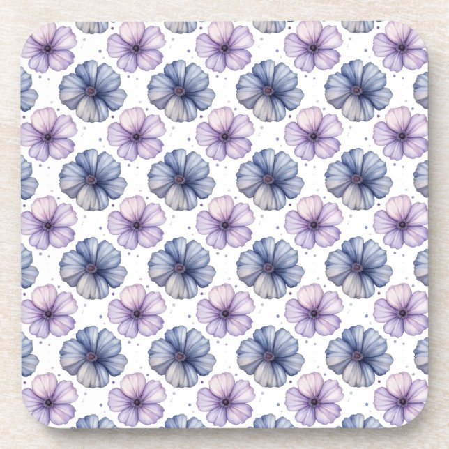 Floral Watercolor Pattern Lavender and Blue Beverage Coaster (Front)