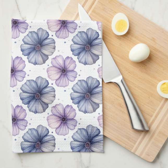 Floral Watercolor Pattern Lavender and Blue Kitchen Towel (Quarter Fold)