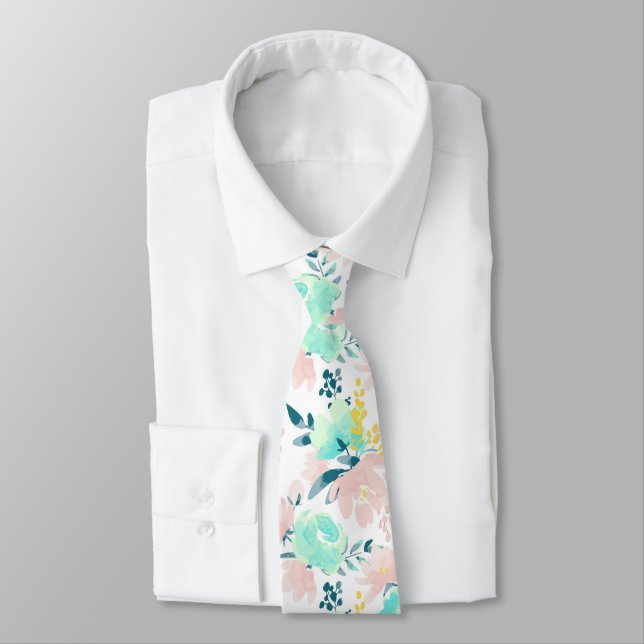 Floral Watercolor Pattern Neck Tie (Tied)