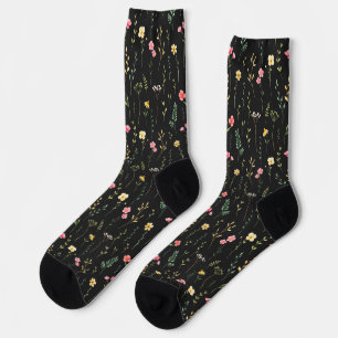 Floral watercolor pattern of wildflowers on black socks