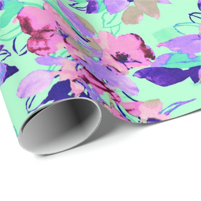 Floral watercolor pattern teal pink purple pattern wrapping paper (Roll Corner)
