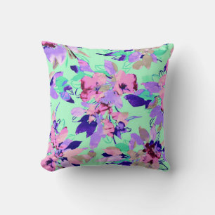Floral watercolor pattern teal purple pink  throw pillow