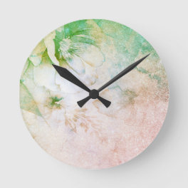 *~* Floral Watercolor Peach Pink Celestial Glitter Round Clock
