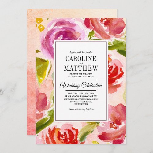 Floral Watercolor Peach Red Wedding Invitation