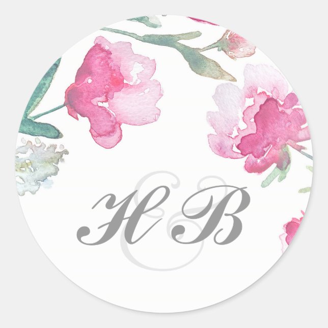 Floral Watercolor Peony Wedding Classic Round Sticker (Front)