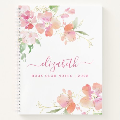 Floral Watercolor Personalized Pink Coral Monogram Notebook