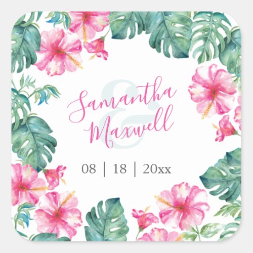 Floral Watercolor Pink and Green Favor Stickers
