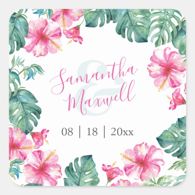 Floral Watercolor Pink and Green Favor Stickers (Front)