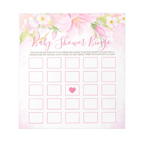 Floral Watercolor Pink Baby Shower Game Baby Bingo Notepad