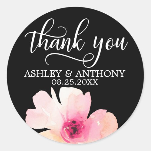 Floral Watercolor Pink Black Wedding Thank You Classic Round Sticker