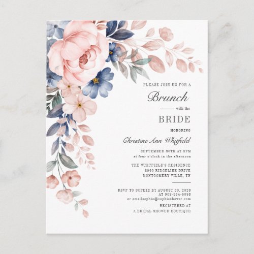 Floral Watercolor Pink Blue Flowers Bridal Brunch Invitation Postcard