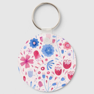 Floral Watercolor Pink Blue Keychain