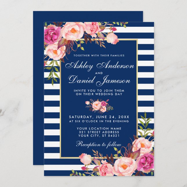 Floral Watercolor Pink Blue Stripes Wedding Invitation (Front/Back)