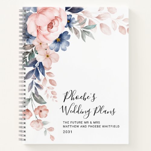 Floral Watercolor Pink Blue Wedding Plan Notebook