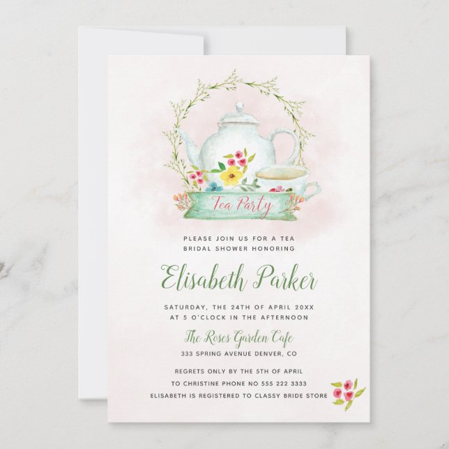 Floral watercolor pink bridal shower tea party invitation (Front)