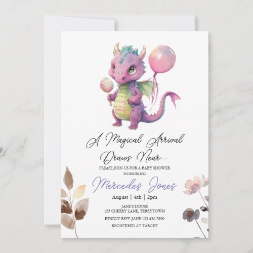 Floral Watercolor Pink Dragon Baby Shower  Invitation