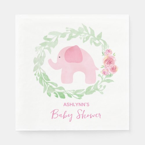 Floral Watercolor Pink Elephant Baby Shower Napkins