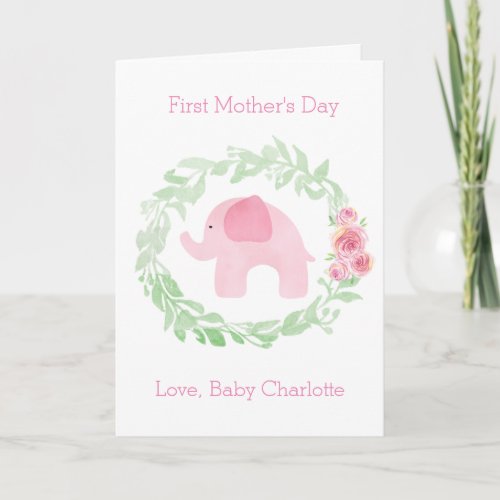 Floral Watercolor Pink Elephant First Mothers Day Card
